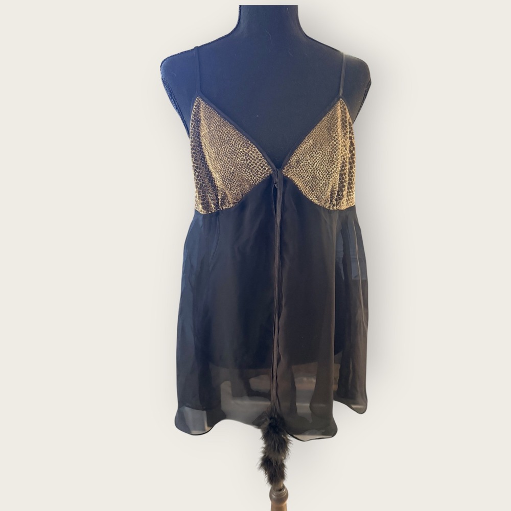 Vintage Y2K Whimsigoth Goth Emo Romantic Black Gold Sheer Babydoll Top M